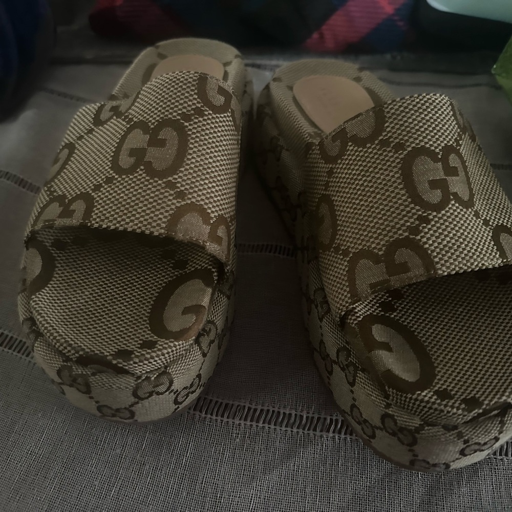 Gucci Beige Monogram Platform Slides - image 1